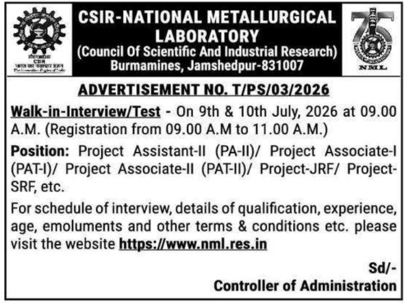 Job Opening: Project Staff Walk-in Interview by CSIR-NML Jamshedpur