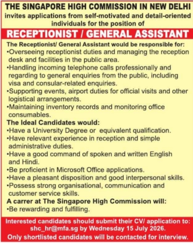 Job Opening: Receptionist / General Assistant at The Singapore High Commission