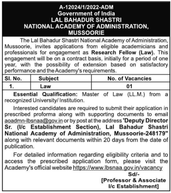 Job Opening: Research Fellow  at LBSNAA Mussoorie