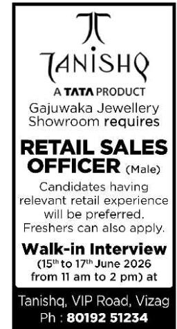 Job Opening: Retail Sales Officer (Male) at Tanishq