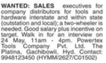 Job Opening: Sales Executives at Powertex Tools Company Pvt. Ltd.