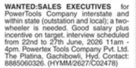 Job Opening: Sales Executives at Powertex Tools