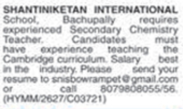Job Opening: Secondary Chemistry Teacher