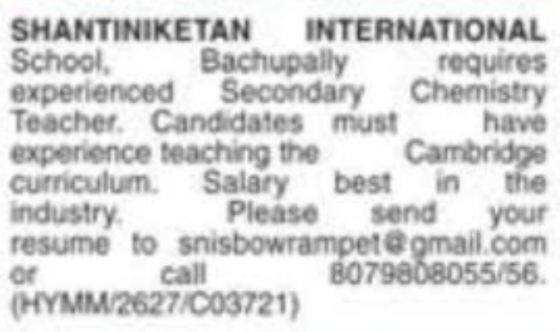 Job Opening: Secondary Chemistry Teacher