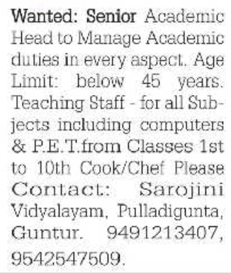 Job Opening: Senior Academic Head, Teachers, and Cook