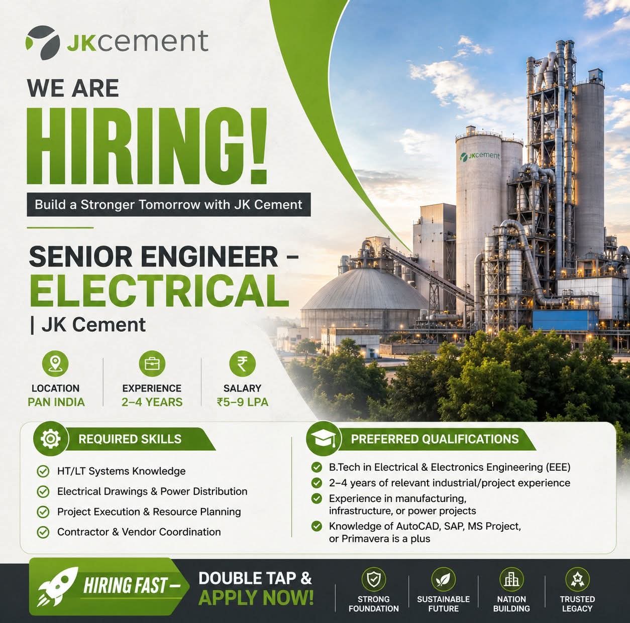 Job Opening: Senior Engineer – Electrical at JK Cement