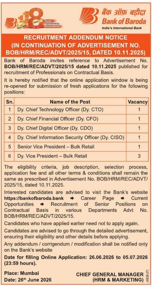 Job Opening: Senior Executive Vacancies at Bank of Baroda