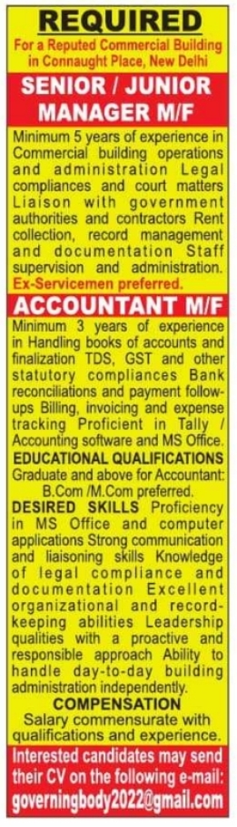 Job Opening: Senior / Junior Manager & Accountant