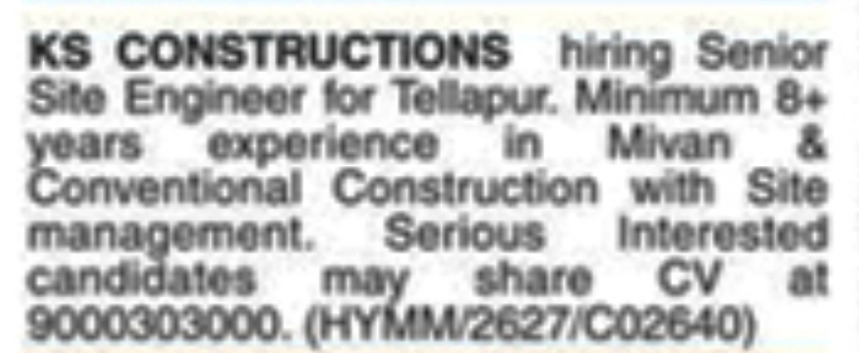 Job Opening: Senior Site Engineer at KS Constructions