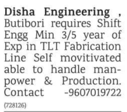 Job Opening: Shift Engineer at Disha Engineering