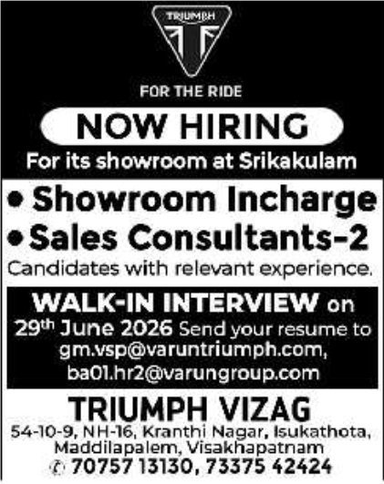 Job Opening: Showroom and Sales Roles, Triumph Vizag