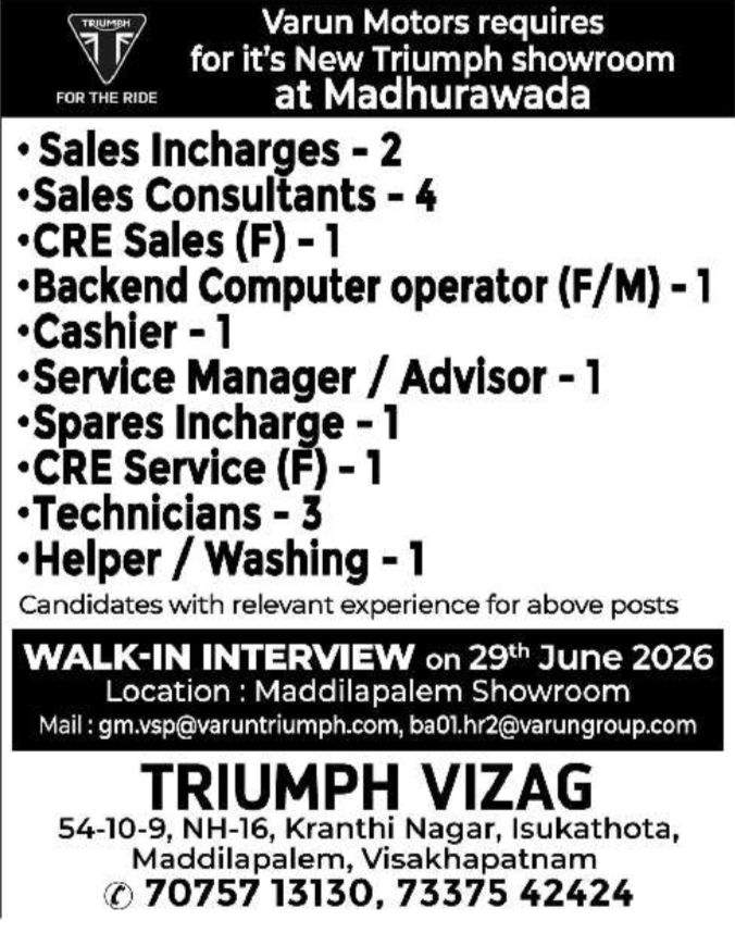 Job Opening: Showroom Roles, Triumph Vizag