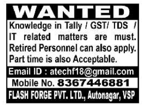 Job Opening: Tally and GST Expert at Flash Forge Pvt Ltd