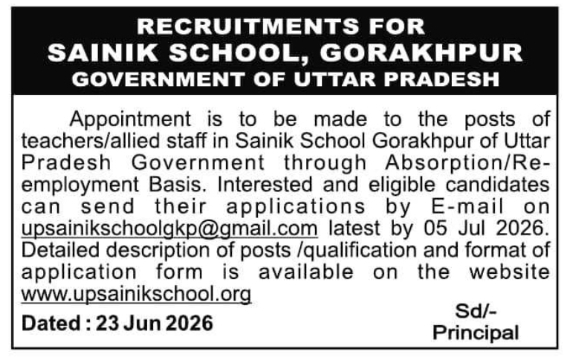 Job Opening: Teachers and Allied Staff at Sainik School