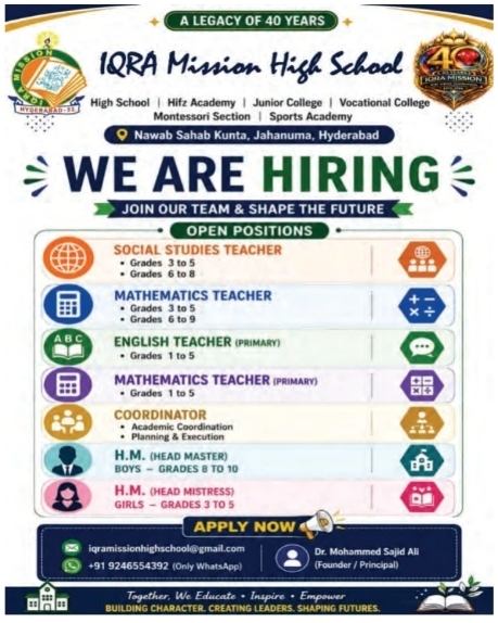 Job Opening: Teachers at IQRA Mission High School