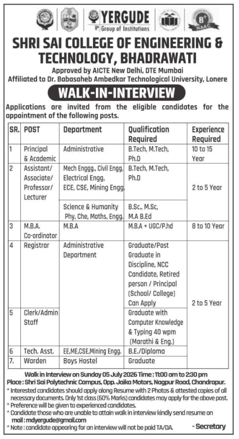 Job Opening: Teaching and Administrative Staff at Shri Sai College