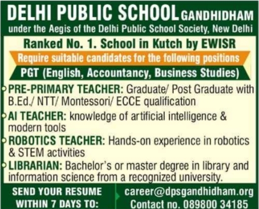 Job Opening: Teaching and Staff Vacancies at Delhi Public School Gandhidham