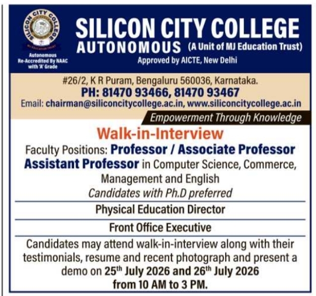 Job Opening: Teaching Faculty, Physical Education Director & Front Office Executive