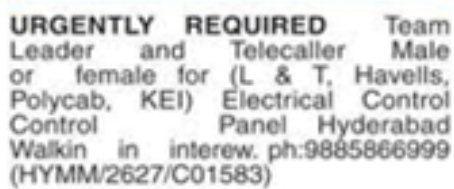 Job Opening: Team Leader and Telecaller (Electrical Control Panel)
