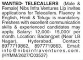 Job Opening: Telecallers (Male & Female)