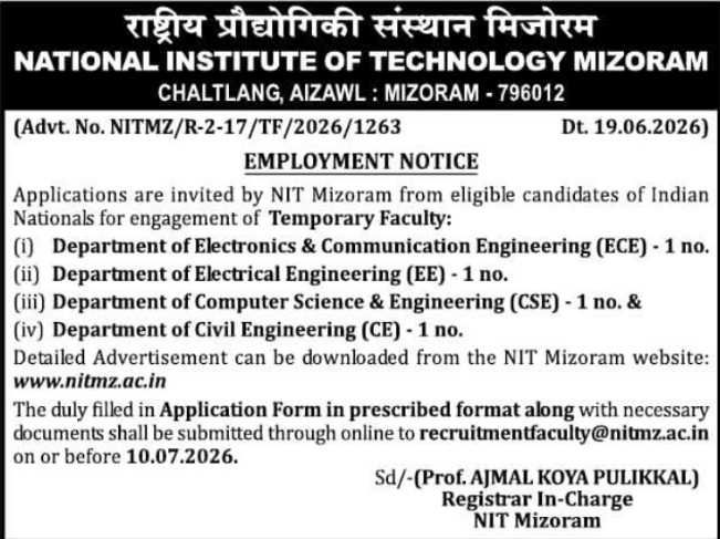 Job Opening: Temporary Faculty at NIT Mizoram