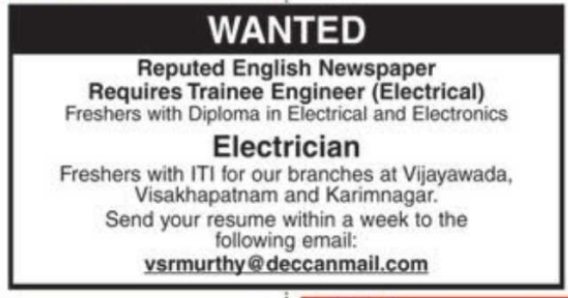 Job Opening: Trainee Engineers & Electricians