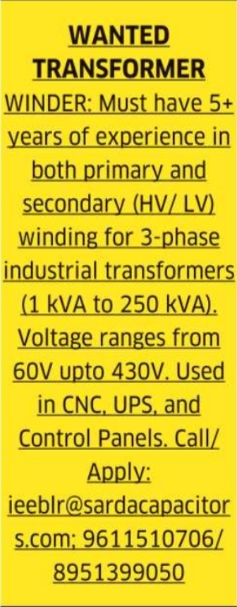 Job Opening: Transformer Winder