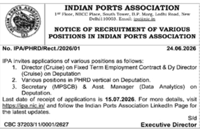 Job Opening: Various Positions at Indian Ports Association