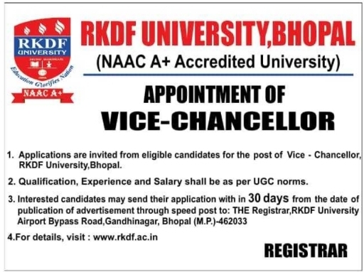 Job Opening: Vice-Chancellor Vacancy at RKDF University Bhopal