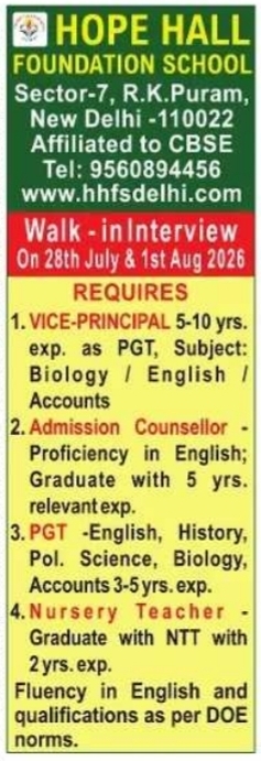 Job Opening: Vice-Principal, Teachers & Counsellor