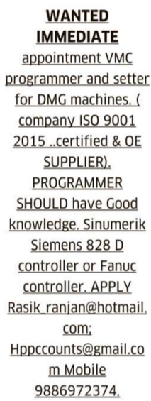 Job Opening: VMC Programmer and Setter for DMG Machines