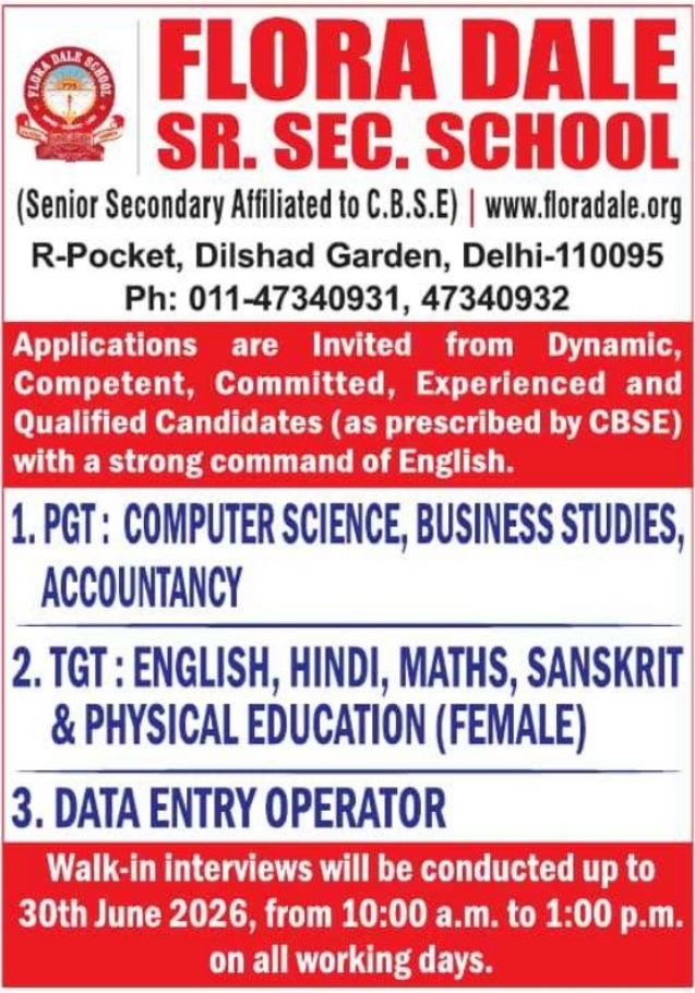 Job Opening: Walk-in-Interview at Flora Dale Sr. Sec. School