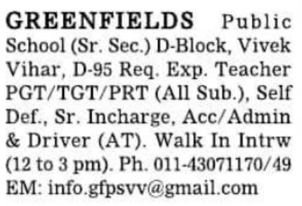 Job Opening: Walk-in-Interview at Greenfields Public School