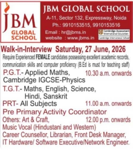 Job Opening: Walk-in-Interview at JBM Global School