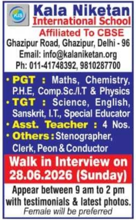 Job Opening: Walk-in-Interview at Kala Niketan International School