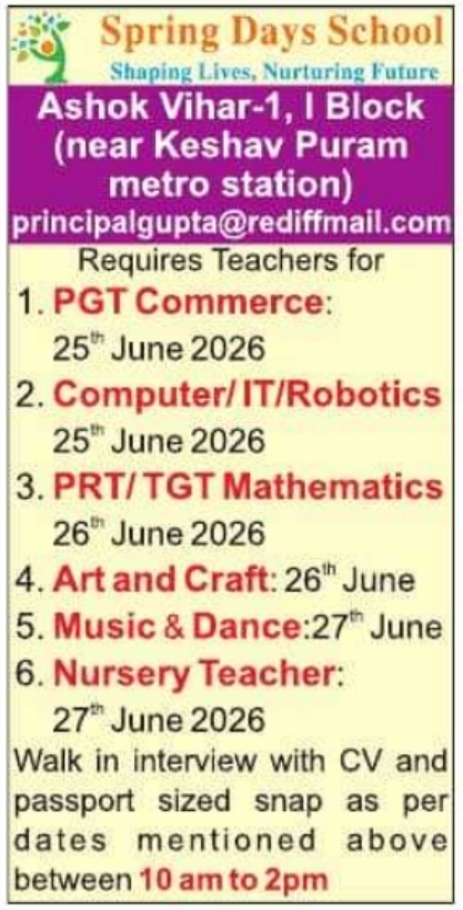 Job Opening: Walk-in-Interview at Spring Days School