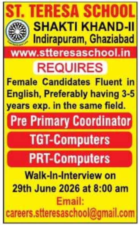 Job Opening: Walk-in-Interview at St. Teresa School