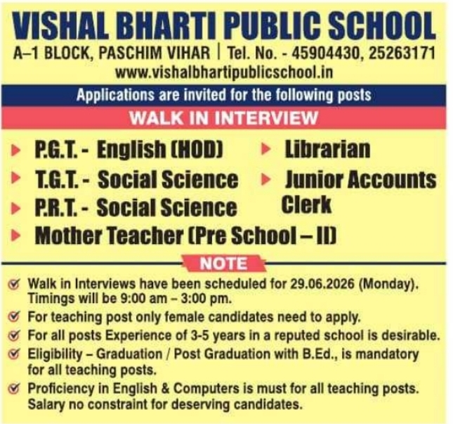 Job Opening: Walk-in-Interview at Vishal Bharti Public School