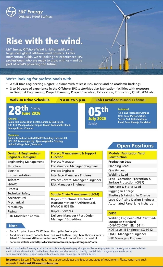Job Opening: Walk-In Interviews at L&T Energy Offshore Wind