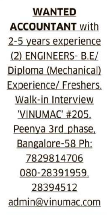 Job Opening: Walk-In Interviews for Accountant and Mechanical Engineers at VINUMAC