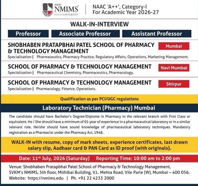 Job Opening: Walk-In Interviews for Pharmacy Faculty and Lab Technicians at NMIMS