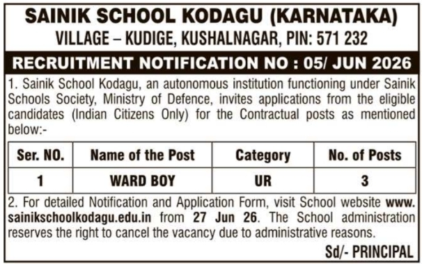 Job Opening: Ward Boy, Sainik School Kodagu