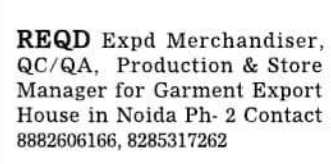 Job Openings: Apparel Merchandiser, QC/QA, Production & Store Manager