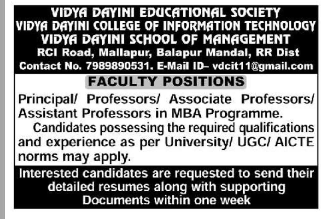 Job Openings: Faculty Positions at Vidya Dayini Institutions RR District
