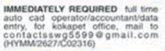 Job Openings for AutoCAD Operator, Accountant, and Data Entry: Kokapet