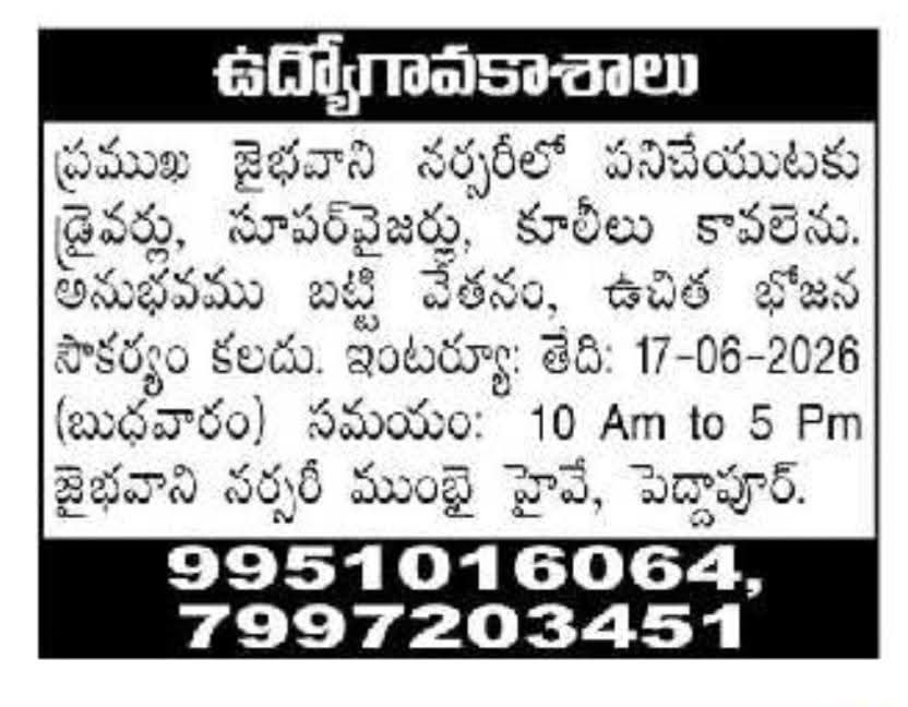 Job Openings: Multiple Roles at Jai Bhavani Nursery Peddapuram