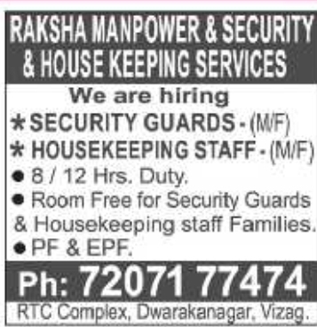 Job Openings: Security & Housekeeping Staff at Raksha Services
