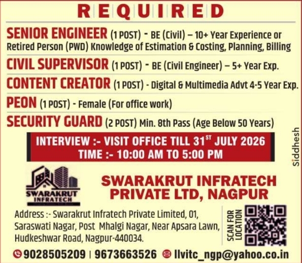 Job Openings: Swarakrut Infratech Private Ltd Staff Recruitment