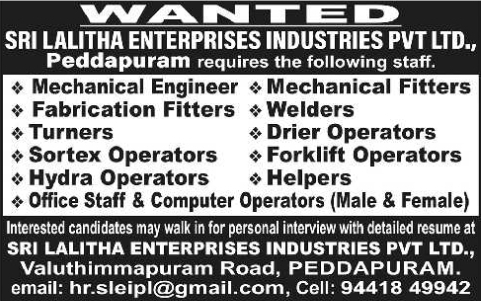 Job Openings: Technical & Office Staff at Sri Lalitha Enterprises