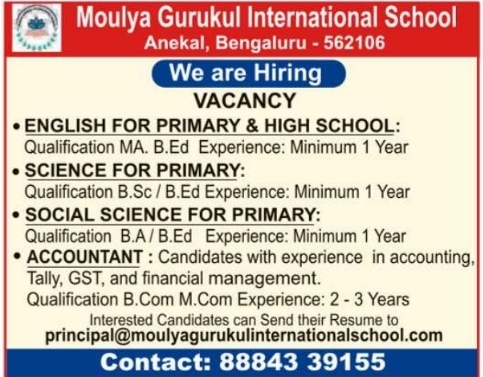Job Opportunities: Moulya Gurukul International School